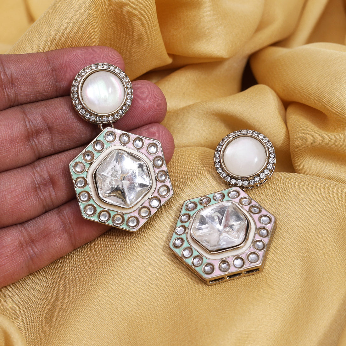 Pink & Pista Green Color Moissanite Kundan Earrings (KDE977PNKPGRN) - Preyans.com