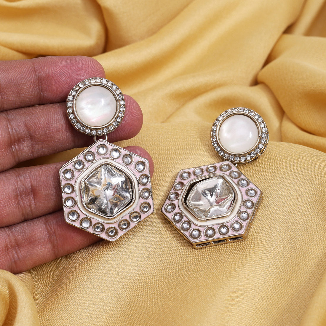 Pink Color Moissanite Kundan Earrings (KDE977PNK) - Preyans.com