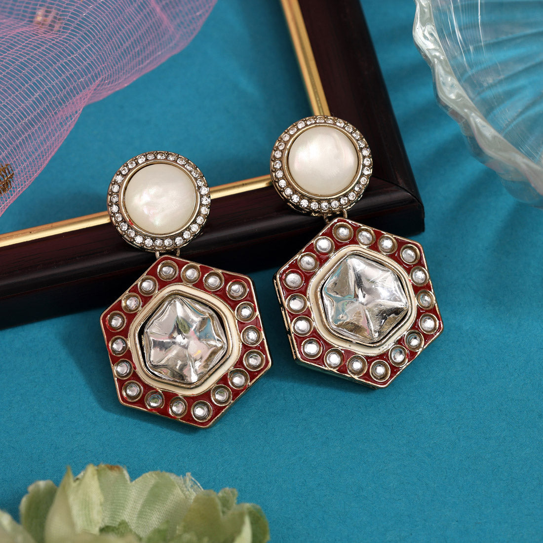 Red Color Moissanite Kundan Earrings (KDE977RED) - Preyans.com