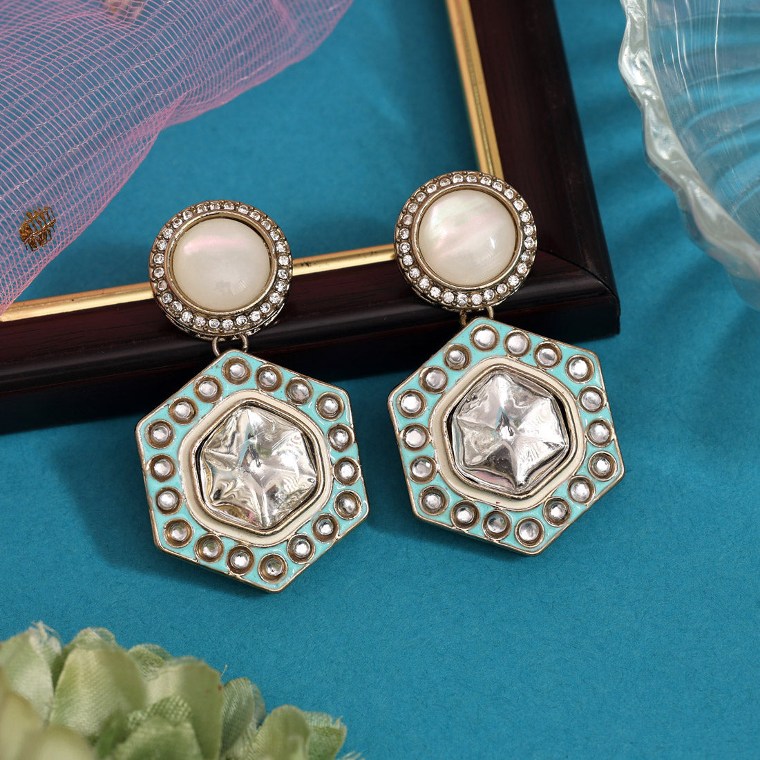 Rama Green Color Moissanite Kundan Earrings (KDE977RGRN) - Preyans.com