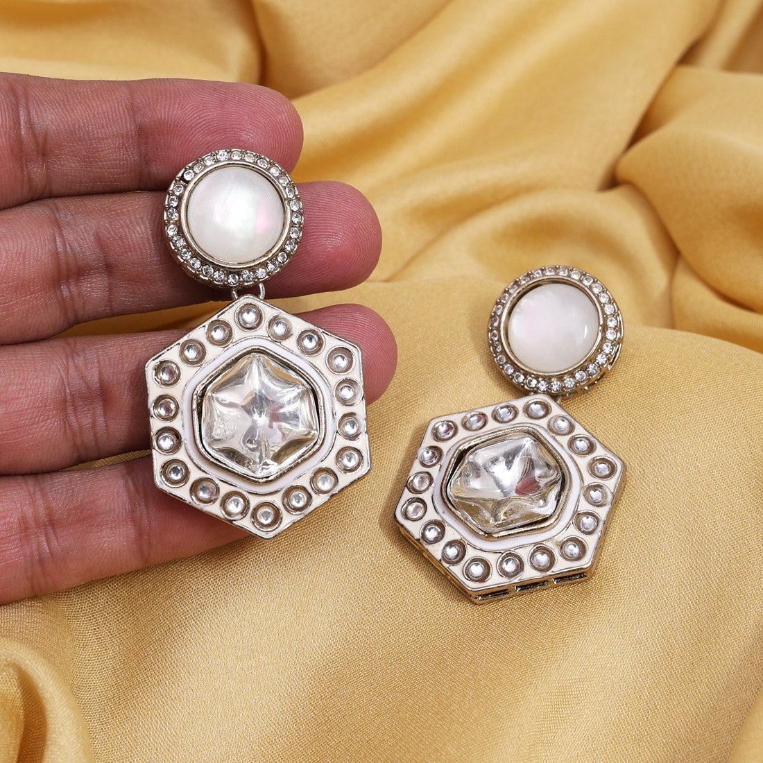 White Color Moissanite Kundan Earrings (KDE977WHT) - Preyans.com