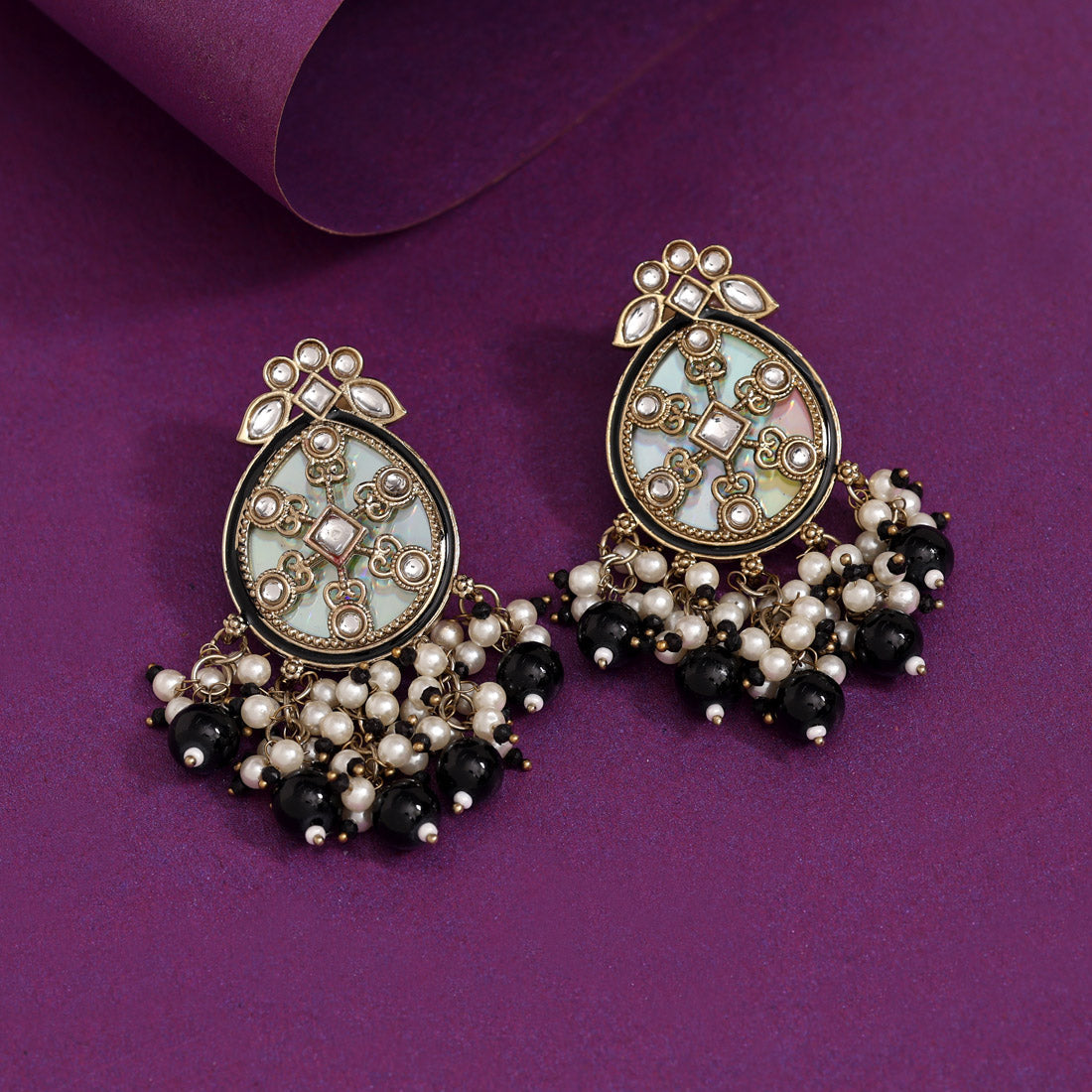 Black Color Kundan Earrings (KDE978BLK) - Preyans.com