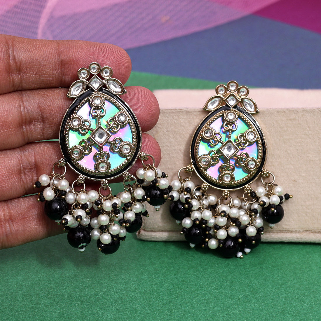 Black Color Kundan Earrings (KDE978BLK) - Preyans.com