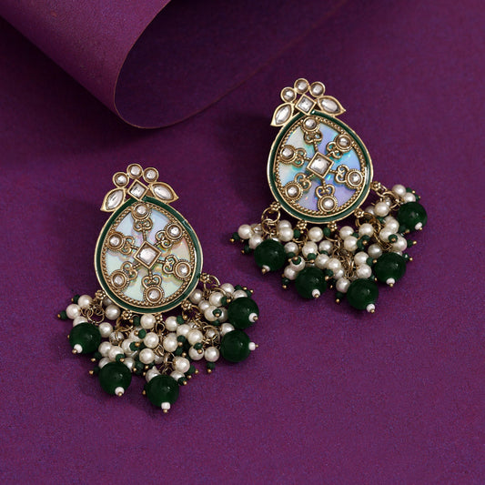 Green Color Kundan Earrings (KDE978GRN) - Preyans.com