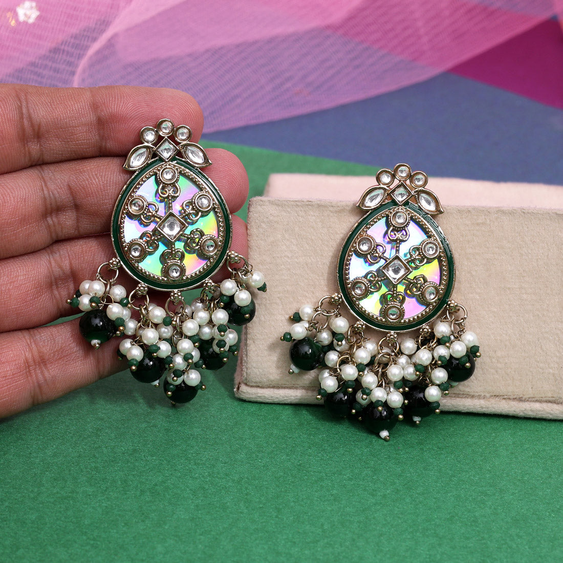 Green Color Kundan Earrings (KDE978GRN) - Preyans.com