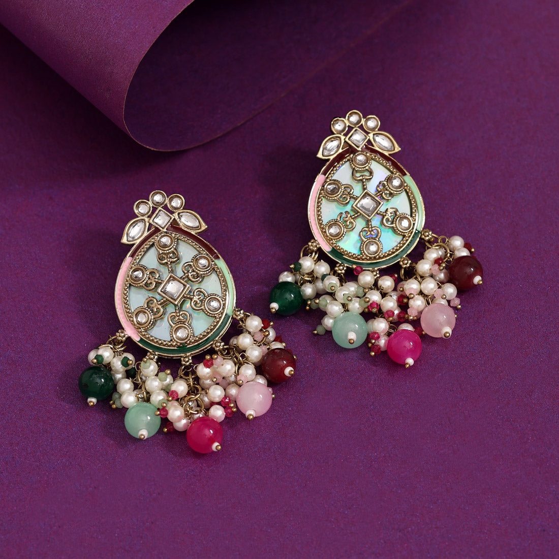 Multi Color Kundan Earrings (KDE978MLT) - Preyans.com