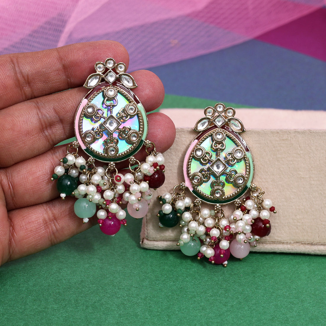 Multi Color Kundan Earrings (KDE978MLT) - Preyans.com