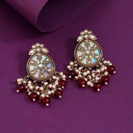 Maroon Color Kundan Earrings (KDE978MRN) - Preyans.com