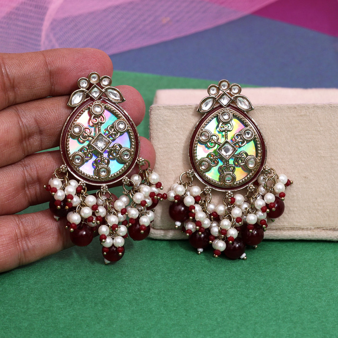 Maroon Color Kundan Earrings (KDE978MRN) - Preyans.com