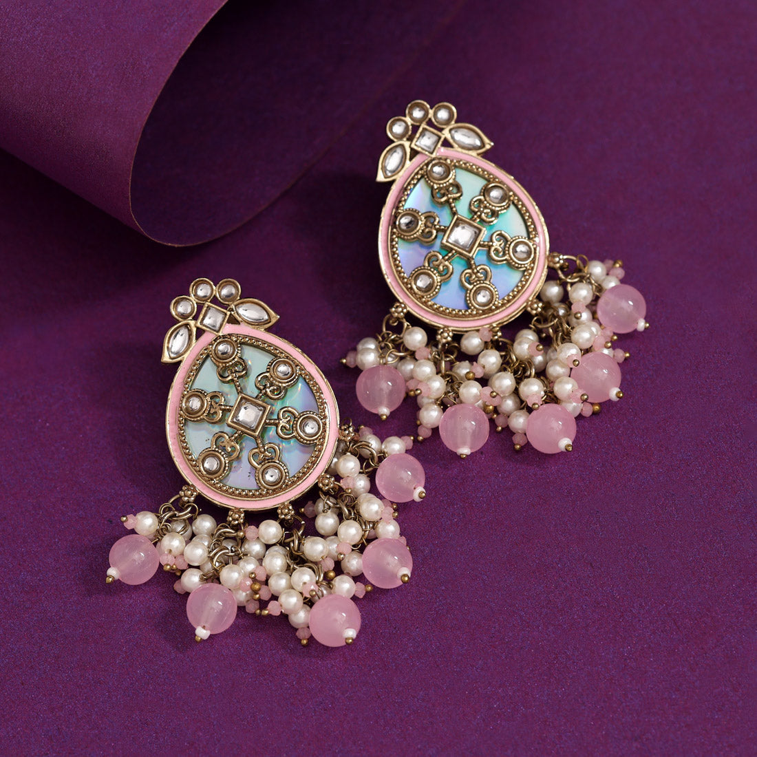 Pink Color Kundan Earrings (KDE978PNK) - Preyans.com