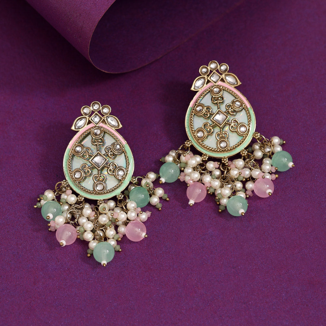 Pink & Pista Green Color Kundan Earrings (KDE978PNKPGRN) - Preyans.com