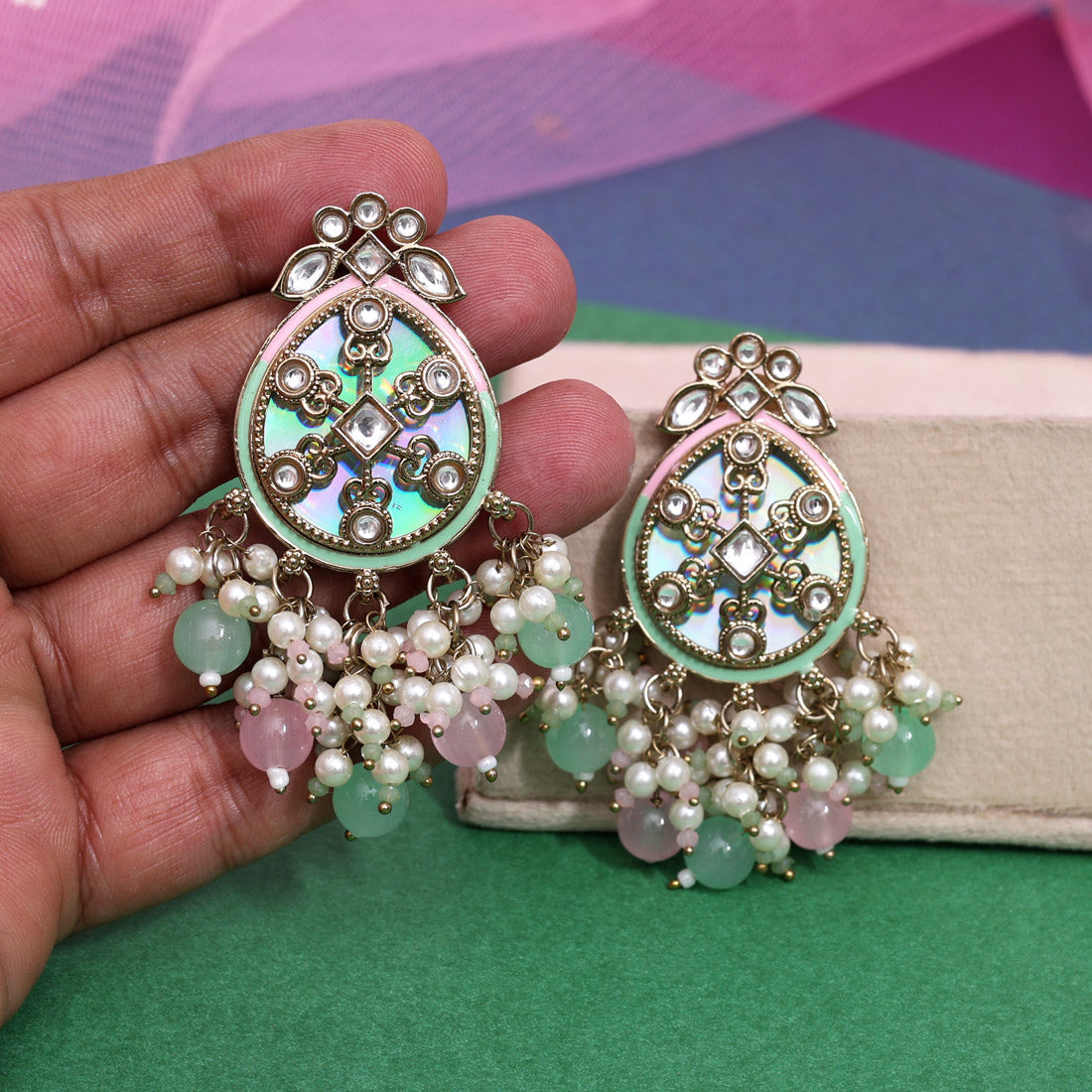 Pink & Pista Green Color Kundan Earrings (KDE978PNKPGRN) - Preyans.com