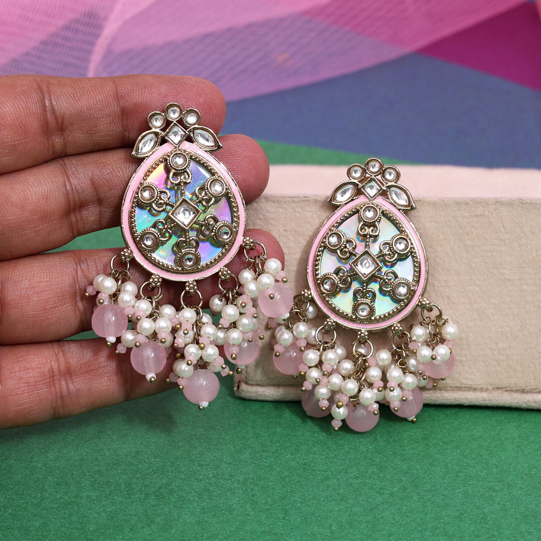 Pink Color Kundan Earrings (KDE978PNK) - Preyans.com