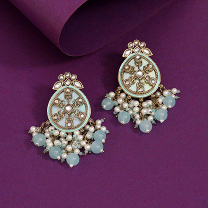 Sky Blue Color Kundan Earrings (KDE978SBLU) - Preyans.com