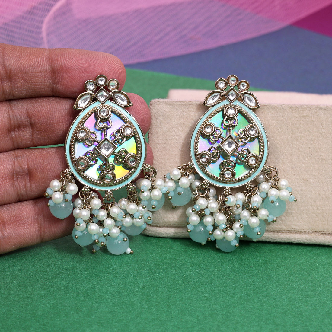 Sky Blue Color Kundan Earrings (KDE978SBLU) - Preyans.com