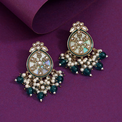 Turquoise Blue Color Kundan Earrings (KDE978TBLU) - Preyans.com