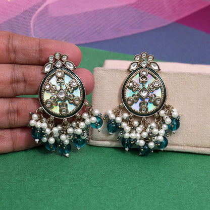 Turquoise Blue Color Kundan Earrings (KDE978TBLU) - Preyans.com