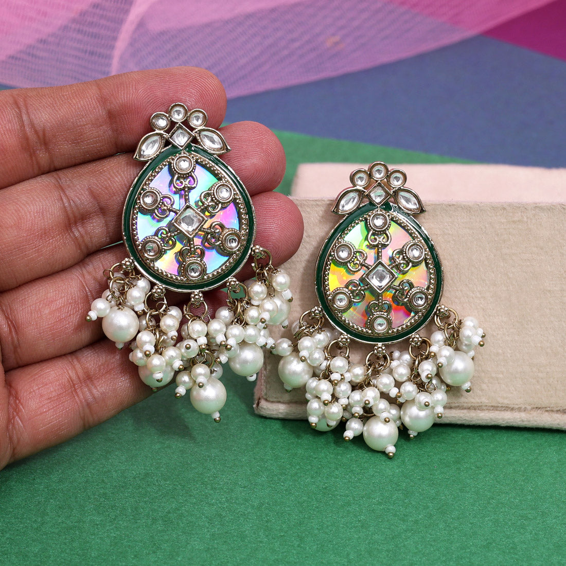 White Color Kundan Earrings (KDE978WHT) - Preyans.com