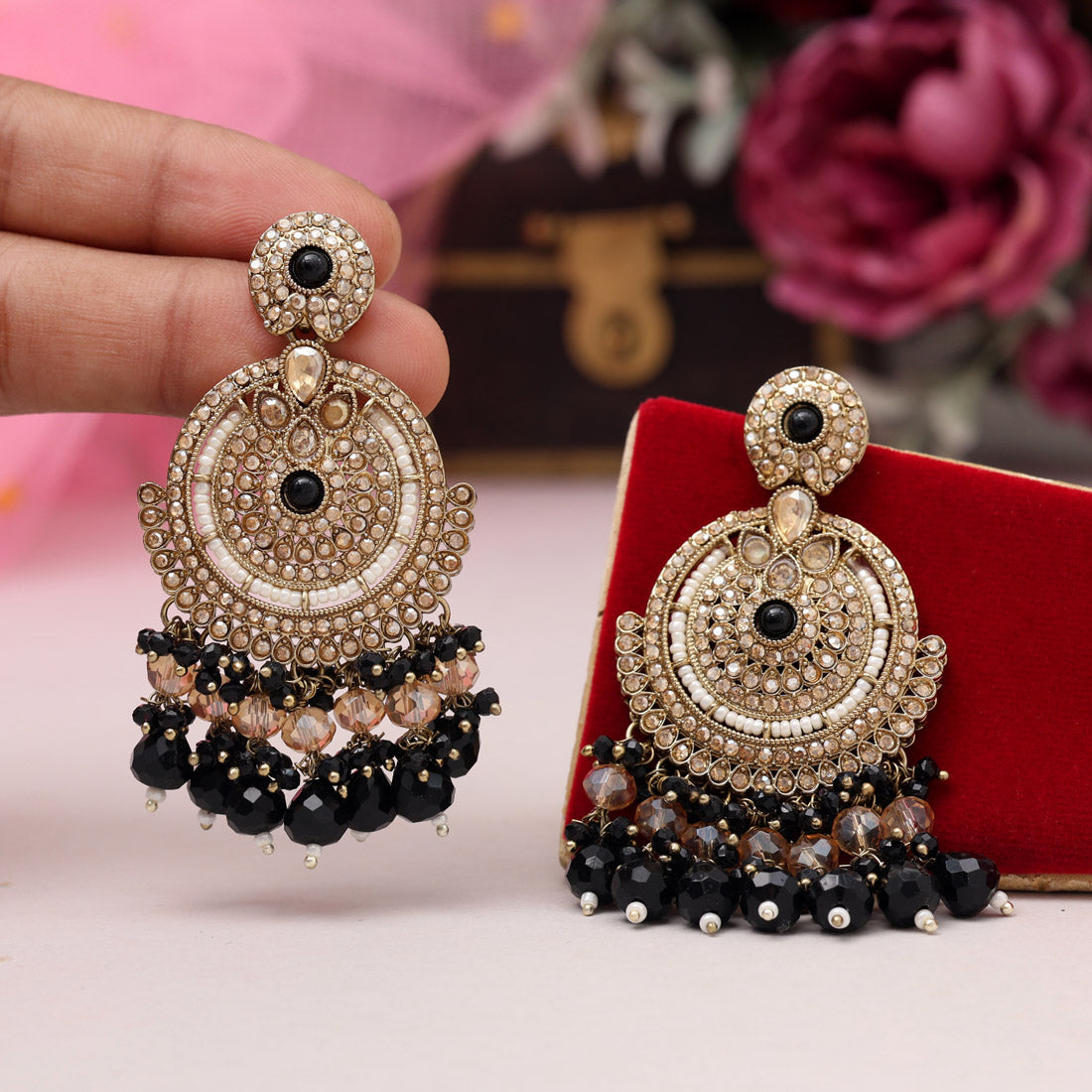 Black Color Kundan Pakistani Earrings (KDE979BLK) - Preyans.com