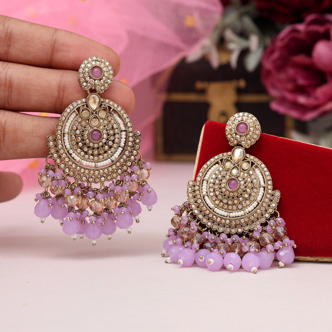 Light Purple Color Kundan Pakistani Earrings (KDE979LPRP) - Preyans.com