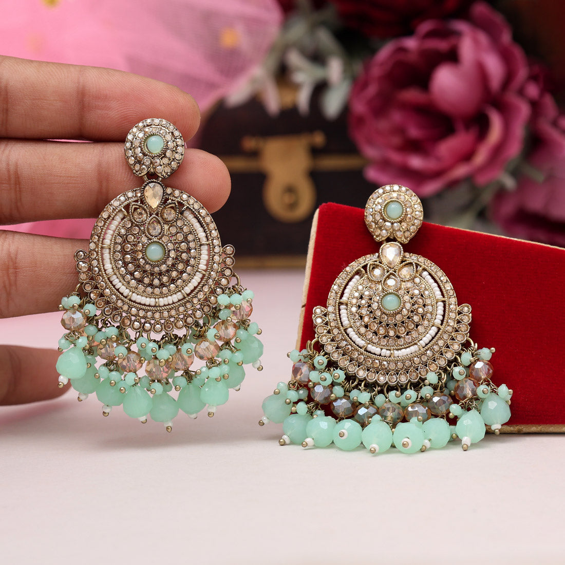 Pista Green Color Kundan Pakistani Earrings (KDE979PGRN) - Preyans.com