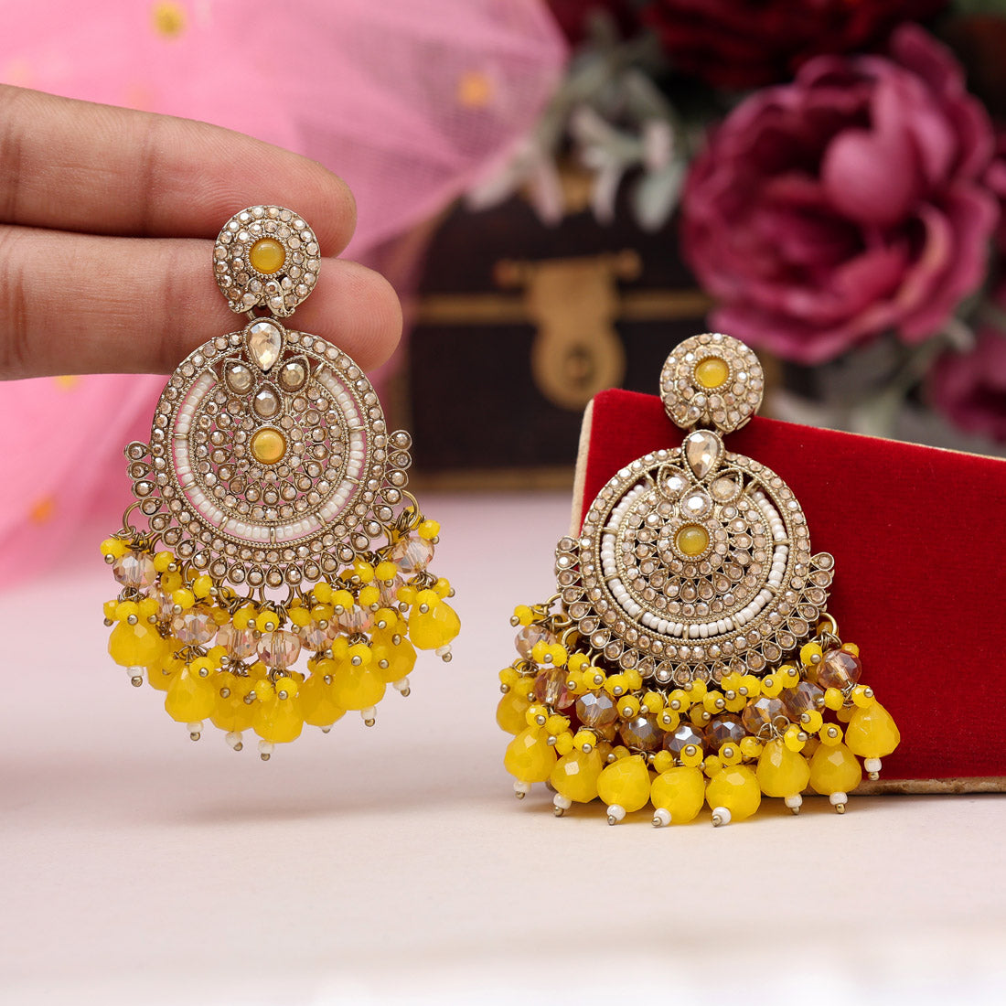 Yellow Color Kundan Pakistani Earrings (KDE979YLW) - Preyans.com