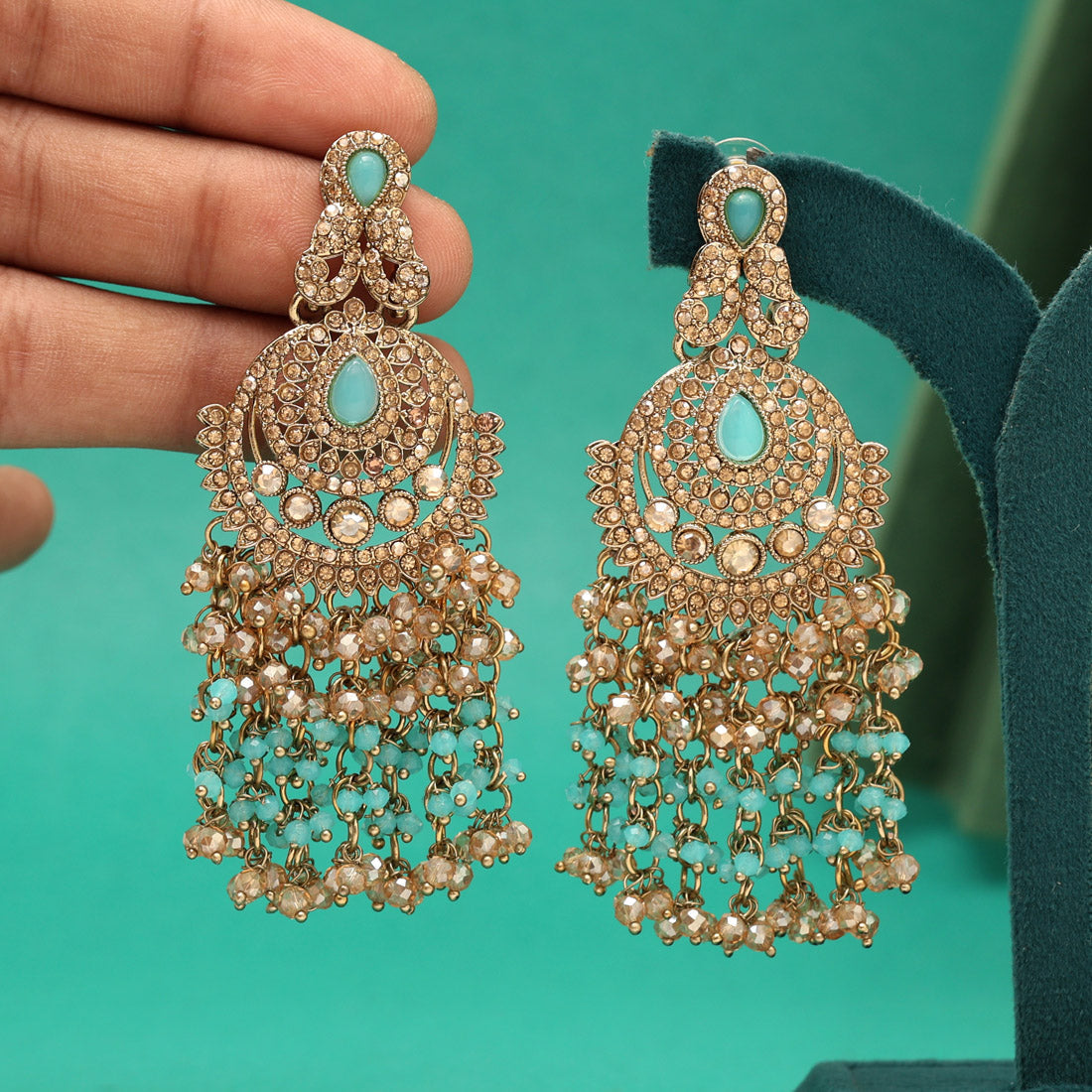 Firozi Color Kundan Pakistani Earrings (KDE980FRZ) - Preyans.com