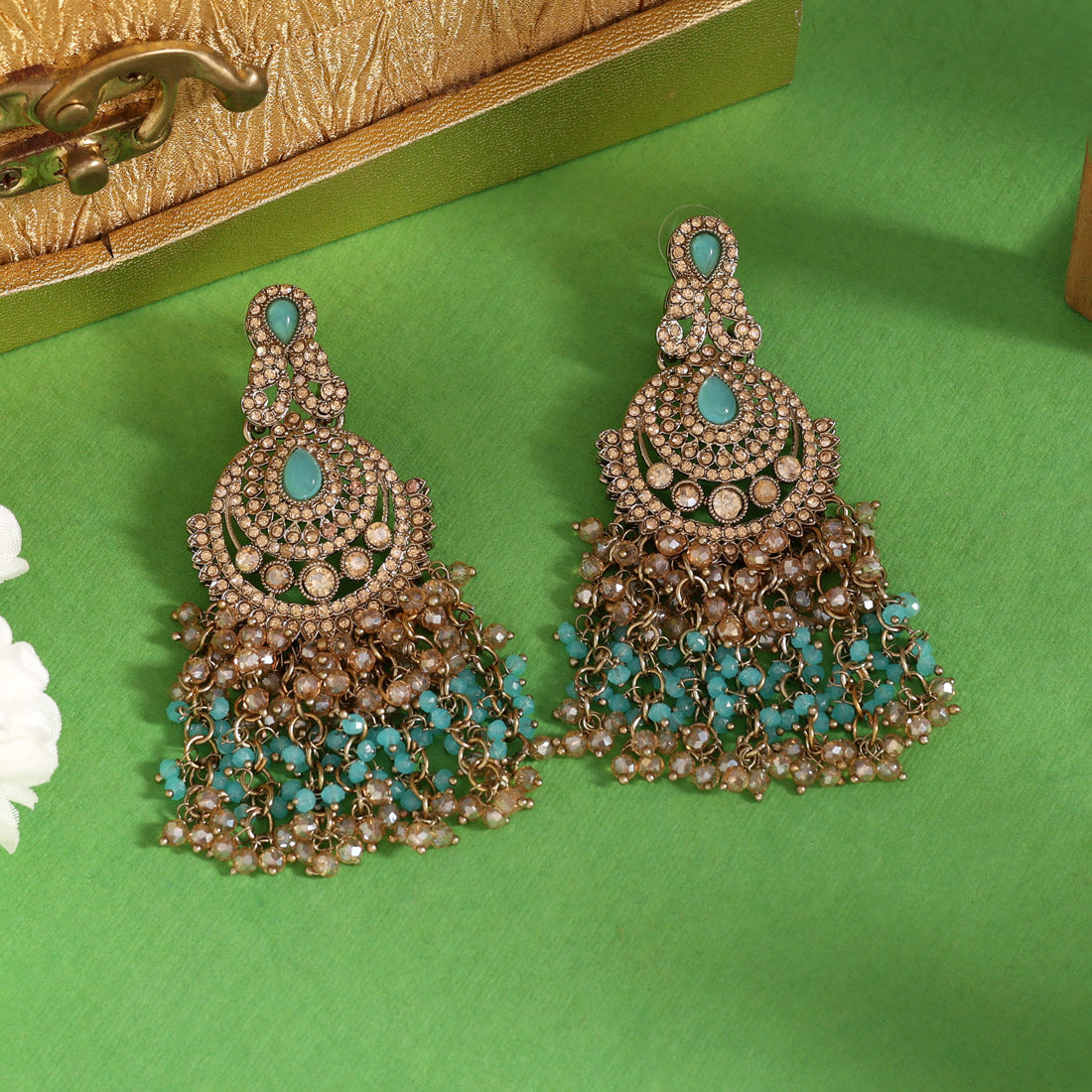 Firozi Color Kundan Pakistani Earrings (KDE980FRZ) - Preyans.com