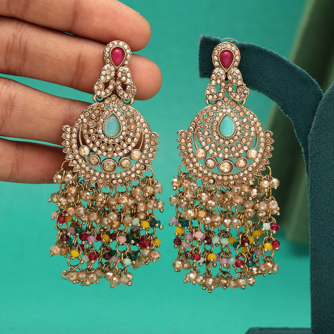 Multi Color Kundan Pakistani Earrings (KDE980MLT) - Preyans.com