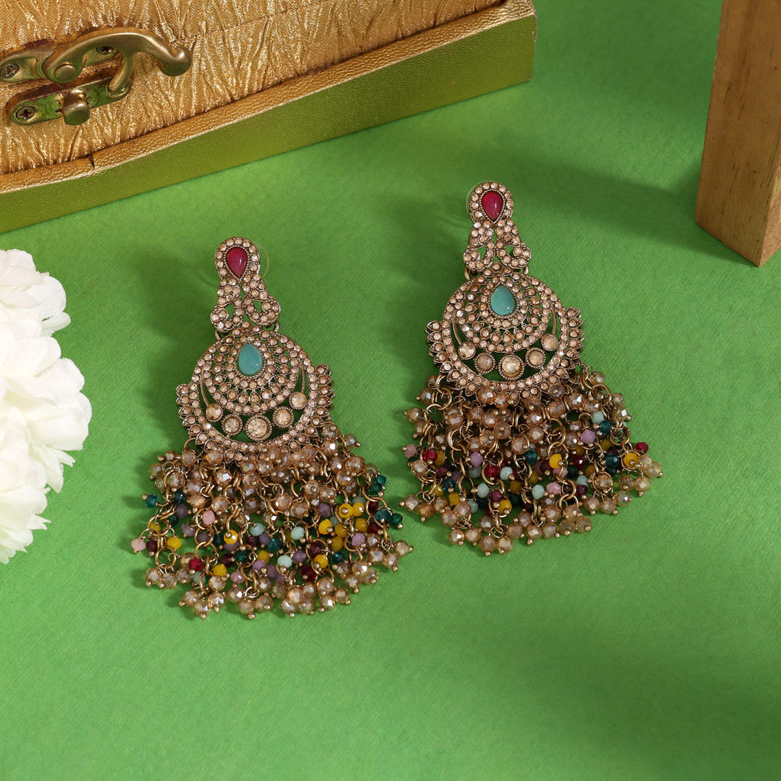 Multi Color Kundan Pakistani Earrings (KDE980MLT) - Preyans.com