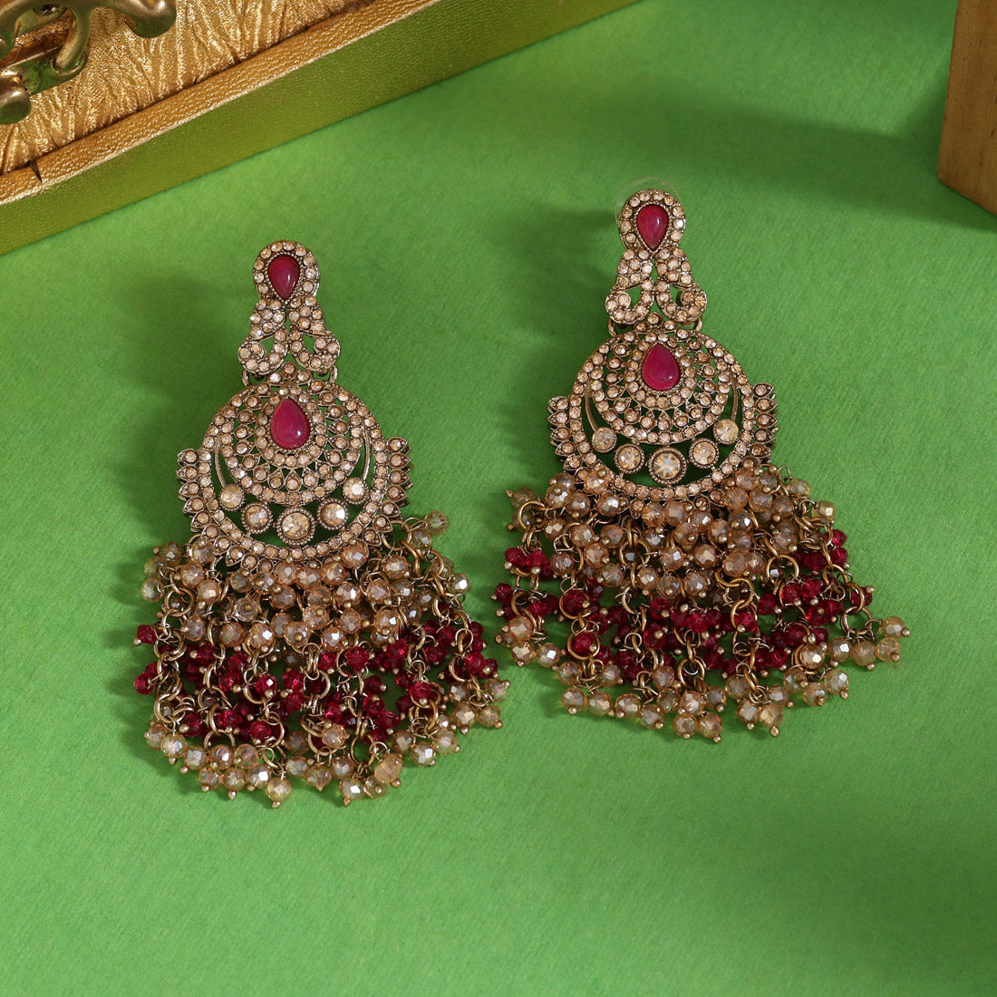 Rani Color Kundan Pakistani Earrings (KDE980RNI) - Preyans.com