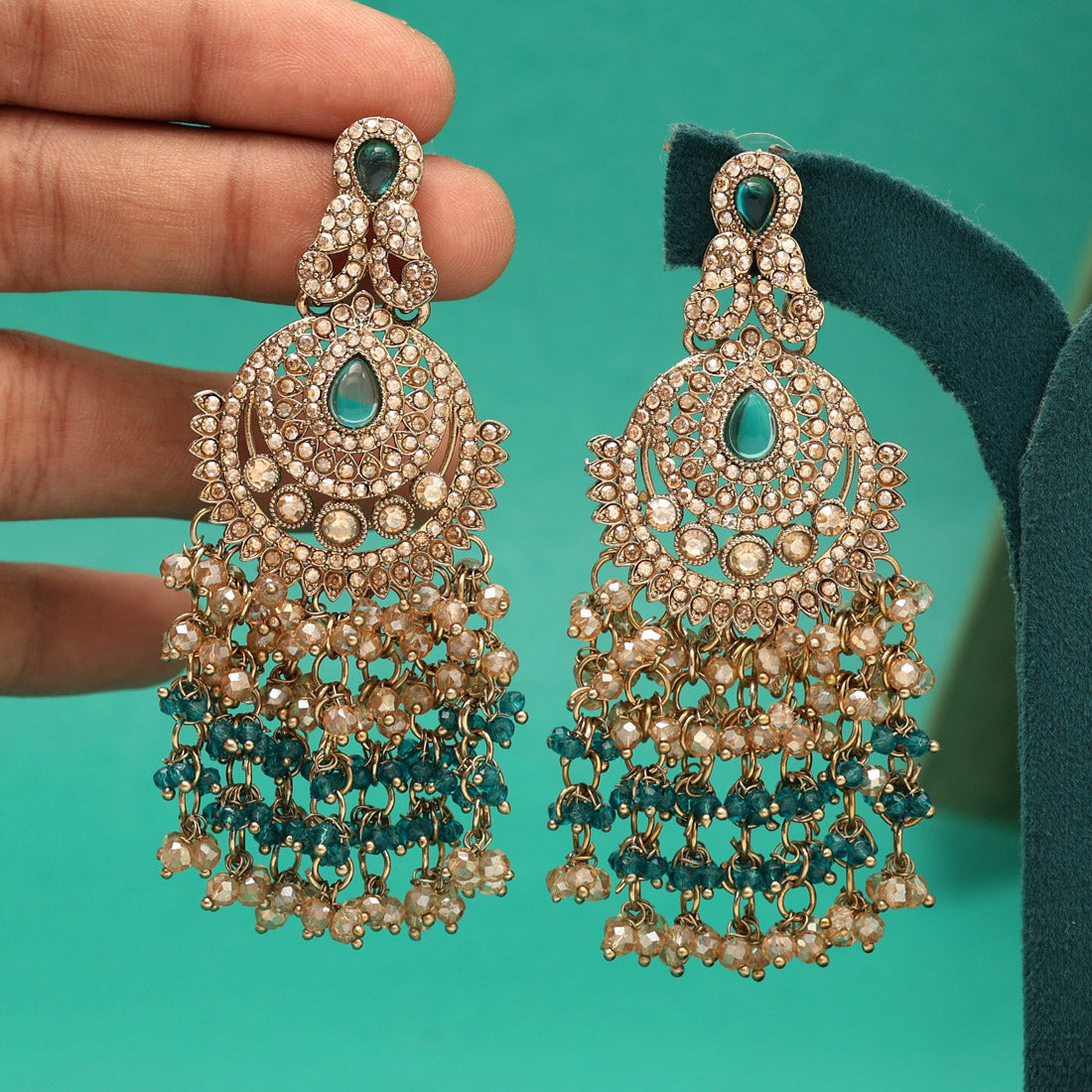 Turquoise Blue Color Kundan Pakistani Earrings (KDE980TBLU) - Preyans.com