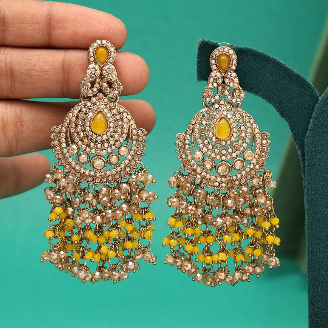 Yellow Color Kundan Pakistani Earrings (KDE980YLW) - Preyans.com