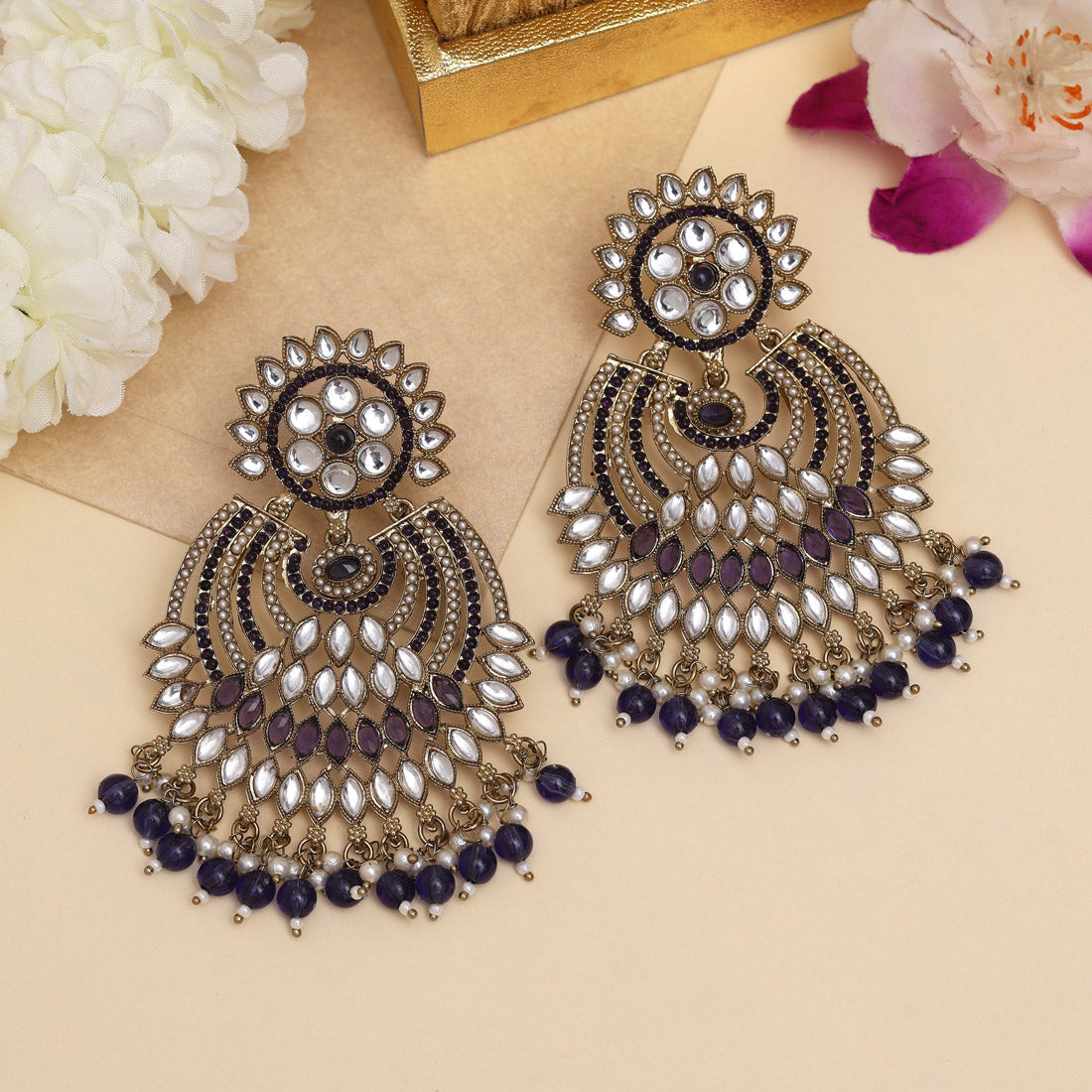 Blue Color Kundan Pakistani Earrings (KDE981BLU) - Preyans.com