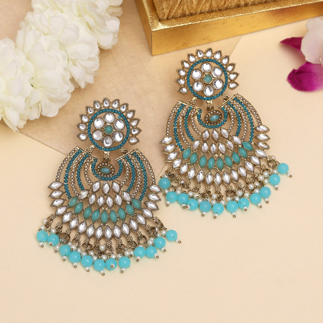 Firozi Color Kundan Pakistani Earrings (KDE981FRZ) - Preyans.com