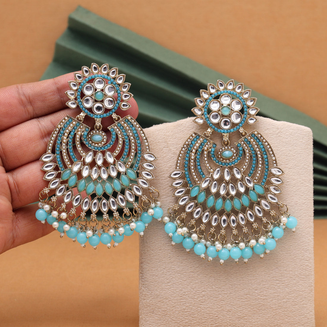 Firozi Color Kundan Pakistani Earrings (KDE981FRZ) - Preyans.com