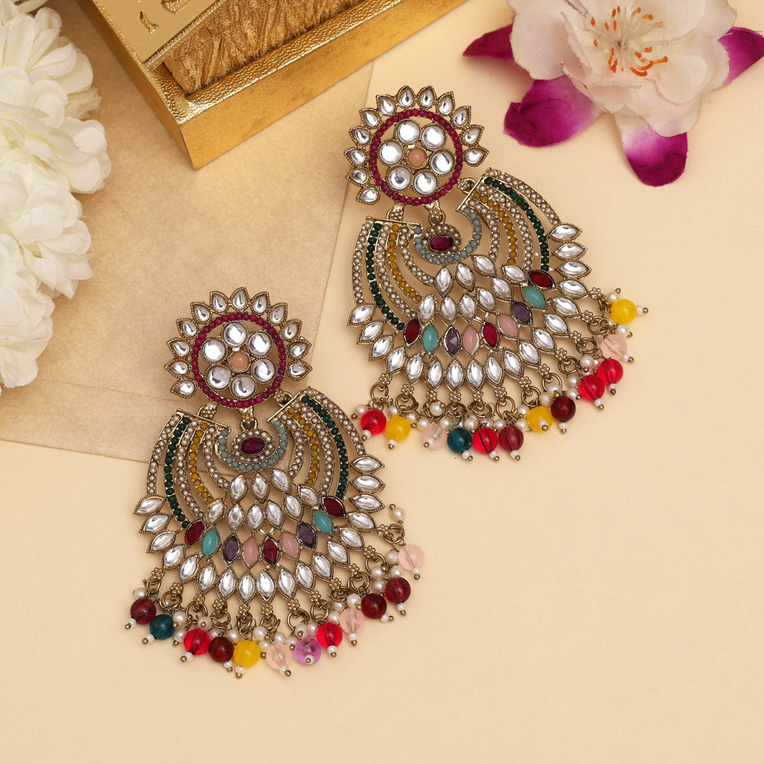 Multi Color Kundan Pakistani Earrings (KDE981MLT) - Preyans.com