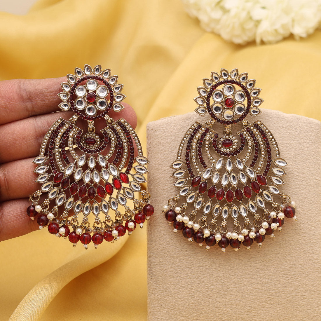 Maroon Color Kundan Pakistani Earrings (KDE981MRN) - Preyans.com