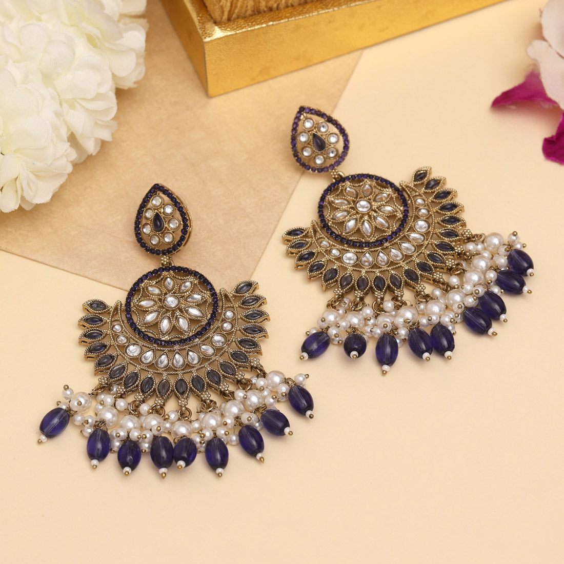 Blue Color Kundan Pakistani Earrings (KDE982BLU) - Preyans.com