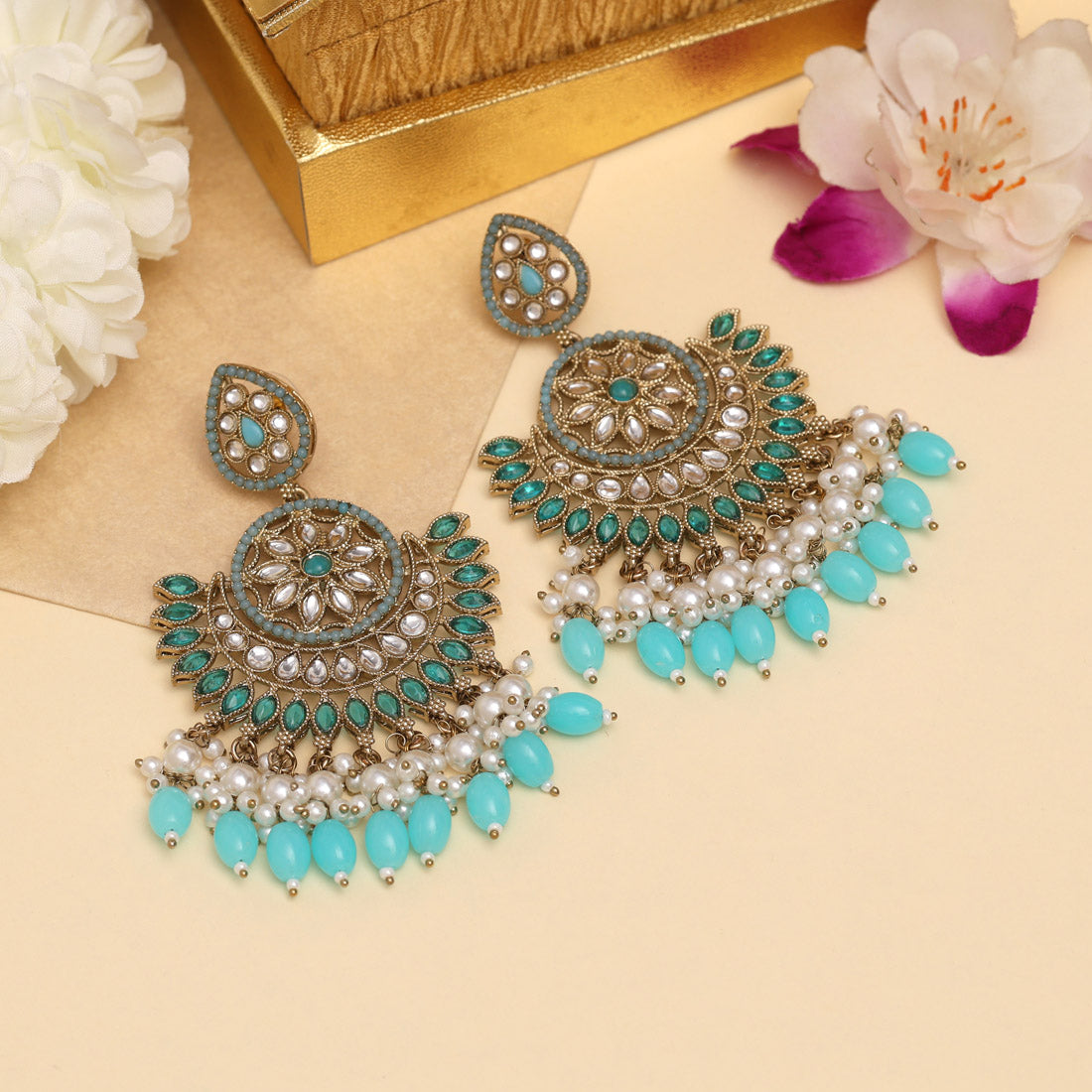 Firozi Color Kundan Pakistani Earrings (KDE982FRZ) - Preyans.com