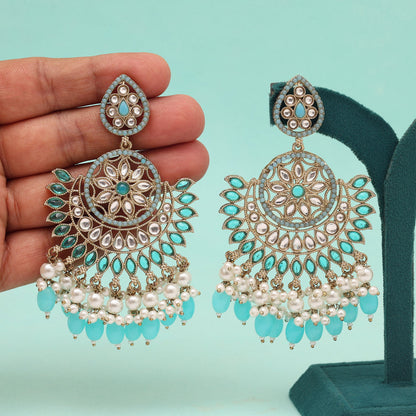 Firozi Color Kundan Pakistani Earrings (KDE982FRZ) - Preyans.com