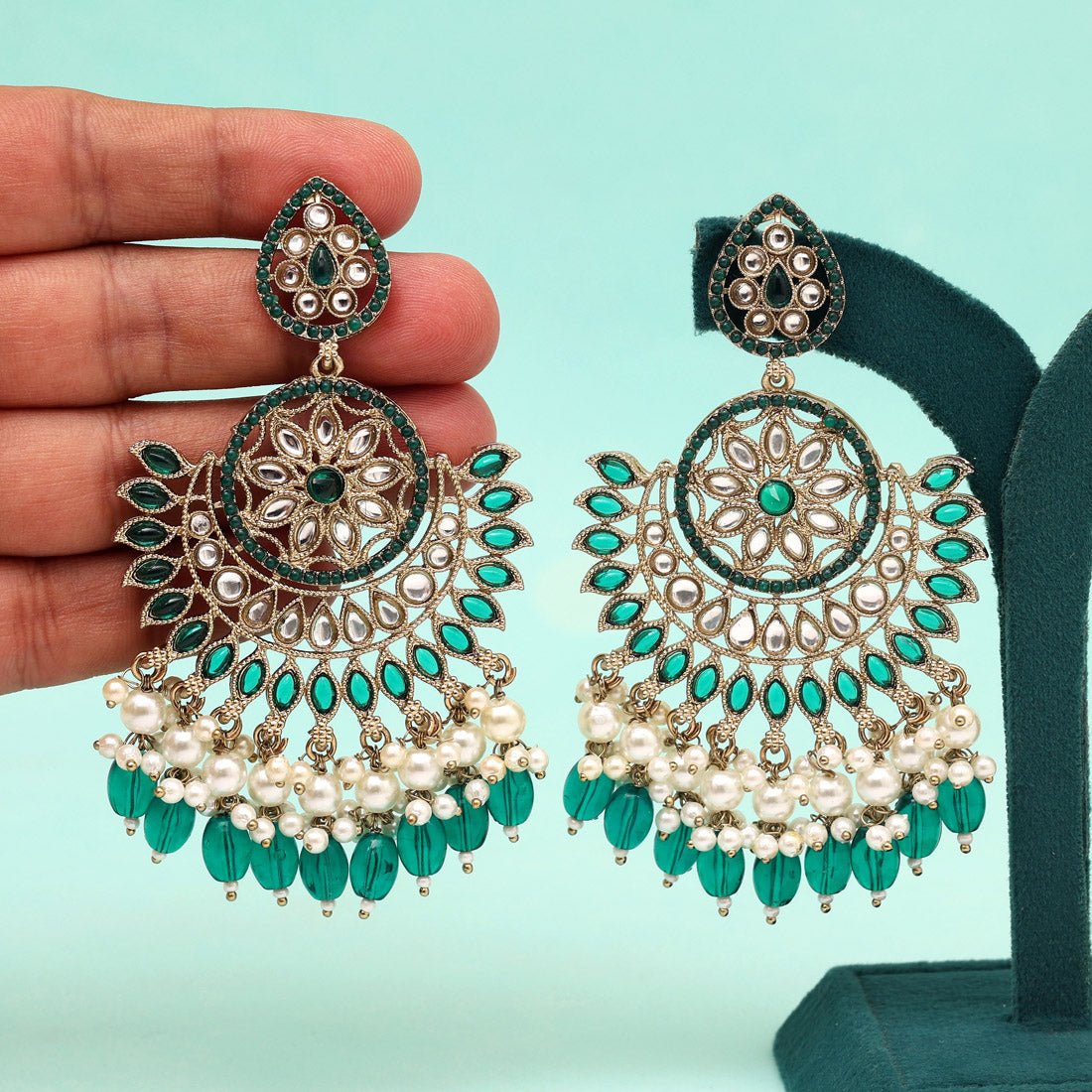 Green Color Kundan Pakistani Earrings (KDE982GRN) - Preyans.com