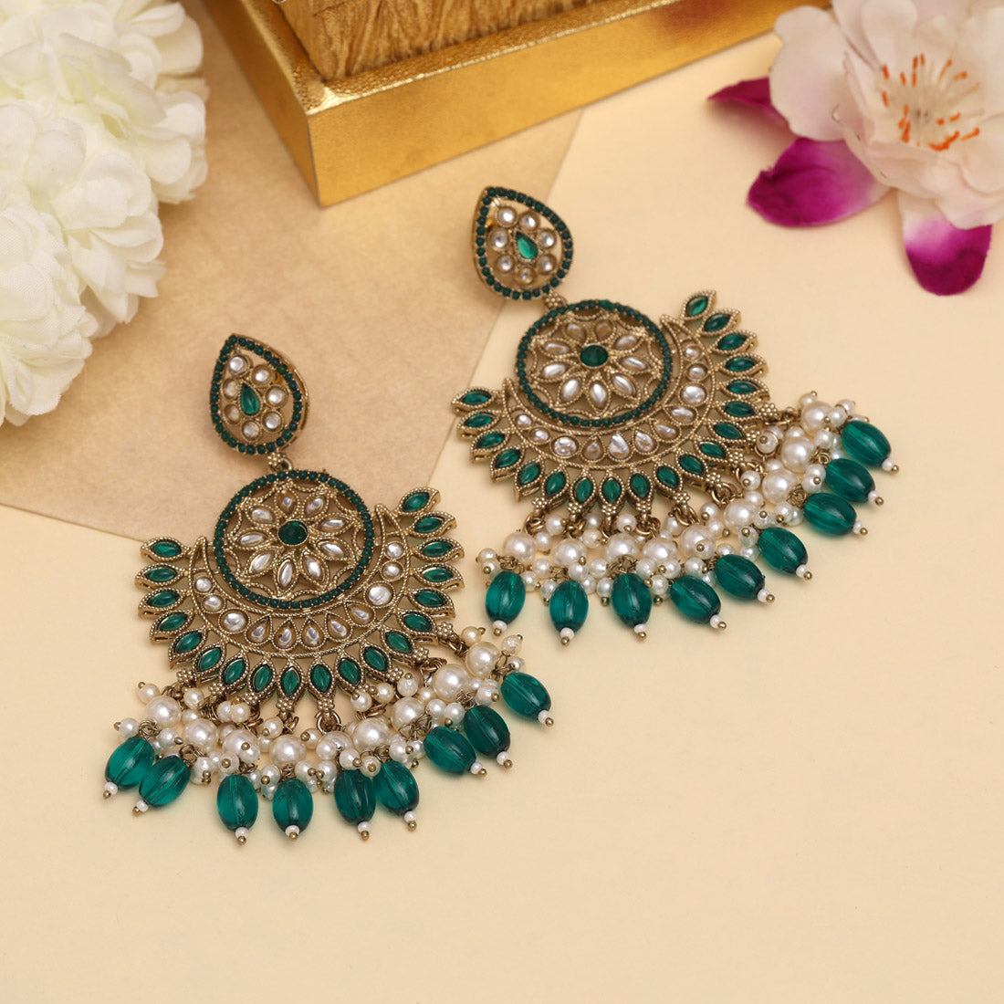 Green Color Kundan Pakistani Earrings (KDE982GRN) - Preyans.com