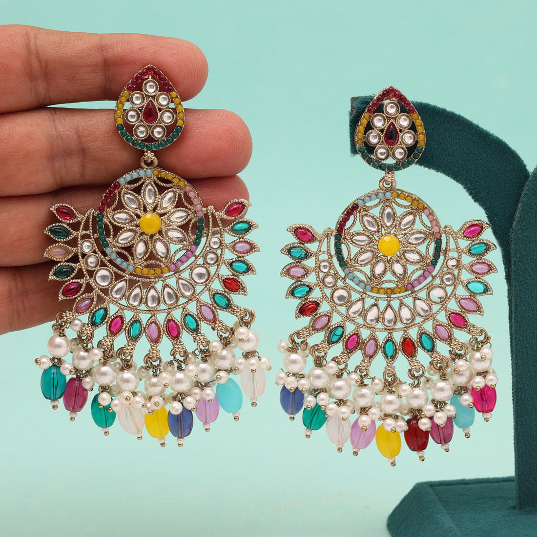 Multi Color Kundan Pakistani Earrings (KDE982MLT) - Preyans.com