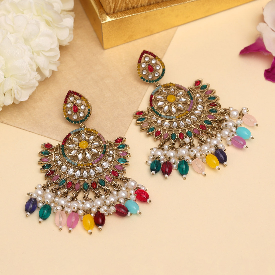 Multi Color Kundan Pakistani Earrings (KDE982MLT) - Preyans.com