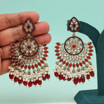 Maroon Color Kundan Pakistani Earrings (KDE982MRN) - Preyans.com