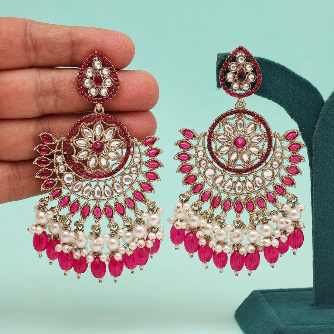 Rani Color Kundan Pakistani Earrings (KDE982RNI) - Preyans.com