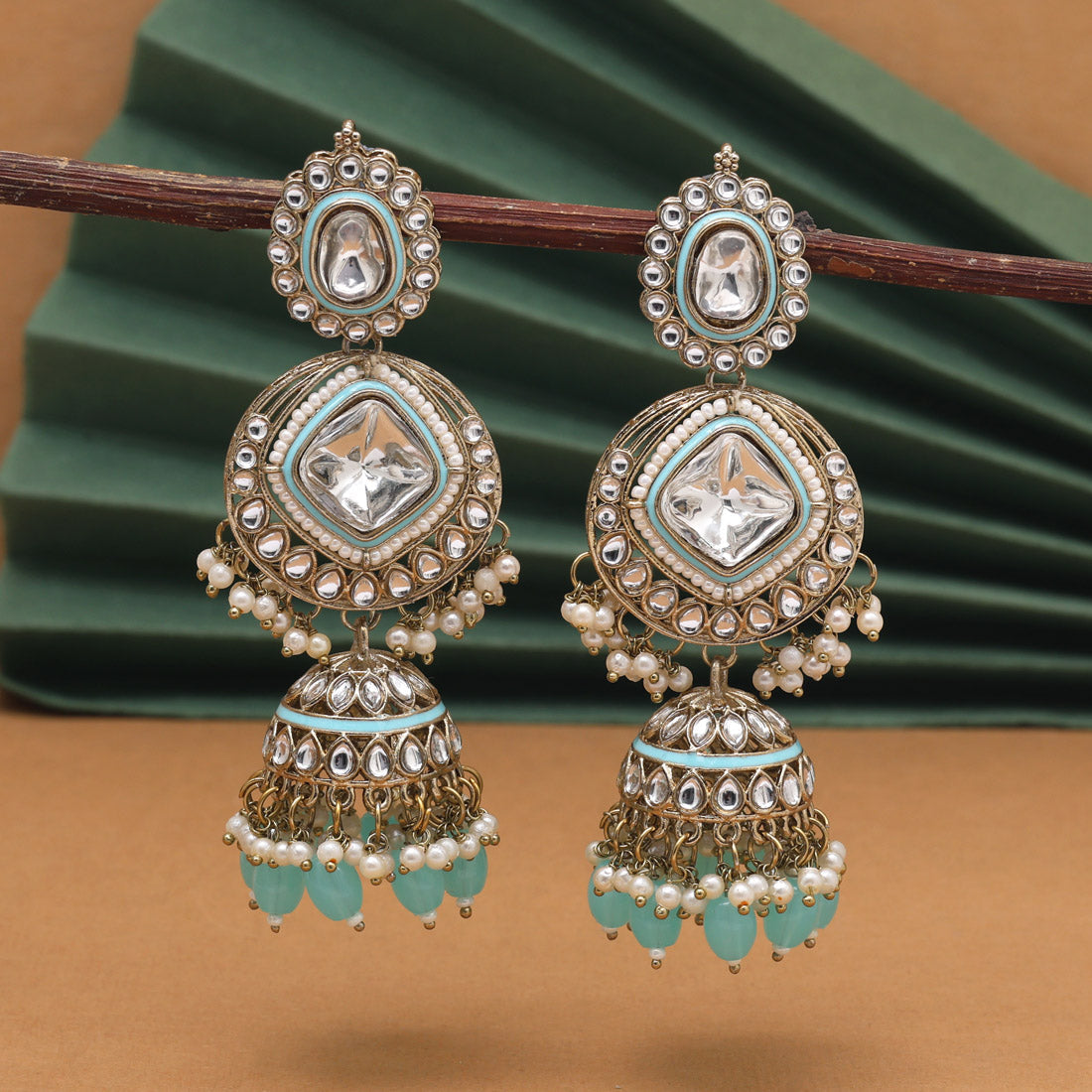 Firozi Color Kundan Earrings (KDE983FRZ) - Preyans.com