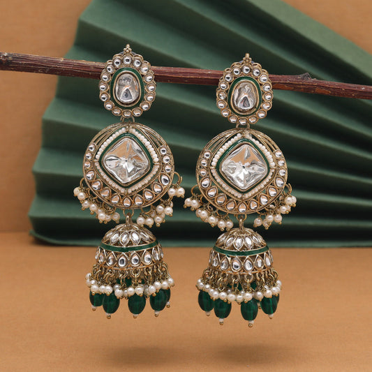 Green Color Kundan Earrings (KDE983GRN) - Preyans.com