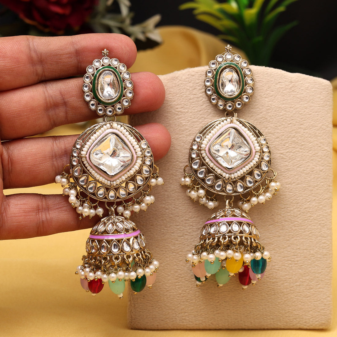 Multi Color Kundan Earrings (KDE983MLT) - Preyans.com